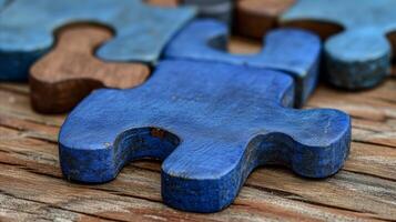 ai generado de cerca de un azul de madera rompecabezas pedazo en texturizado superficie foto