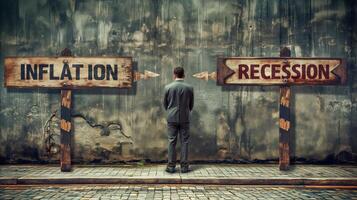 AI generated A man stands in front of two wooden signs. Signs say inflation and recession photo