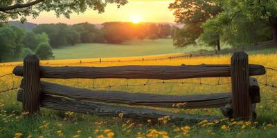 AI generated Fence in Field With Sunset in Background photo