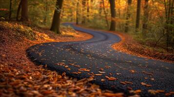 AI generated Winding forest road amidst autumn leaves at sunset photo