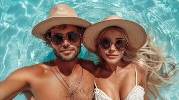 AI generated Man and Woman in Pool With Hats and Sunglasses photo