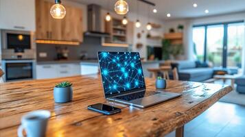 AI generated Modern home office setup with laptop displaying futuristic network photo