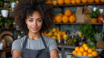 AI generated Woman Standing in Front of Oranges photo