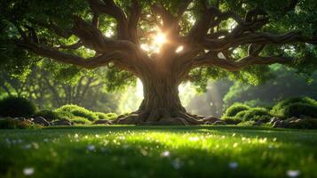 AI generated Majestic Tree in Vibrant Green Field photo