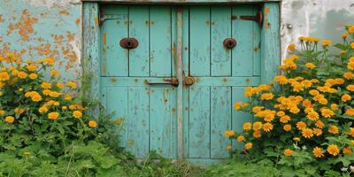 AI generated Vintage turquoise door with beautiful yellow flowers in abandoned setting photo