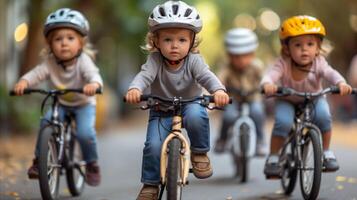 ai generado niños montando bicicletas abajo un calle foto