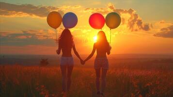 ai generado dos mujer participación globos en frente de un puesta de sol foto