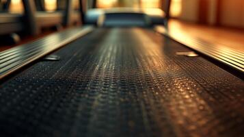 AI generated Close-up of treadmill in a gym setting with warm ambient lighting photo