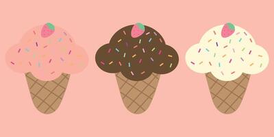 Illustration of ice cream with vanilla, strawberry and chocolate flavors with cute handwriting. cute wallpapers, backgrounds and cards vector