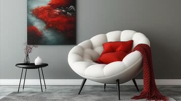 ai generado elegante moderno vivo habitación con rojo acento decoración y resumen Arte foto