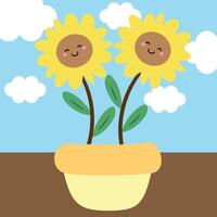 Illustration of sunflowers in a pot with cute handwriting. cute flower wallpapers, backgrounds and cards vector