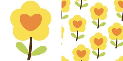 Hand drawn illustration of yellow flowers and seamless pattern with cute cartoon yellow flowers vector