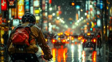 ai generado ciclista en lluvioso ciudad calle a noche con vistoso urbano luces foto