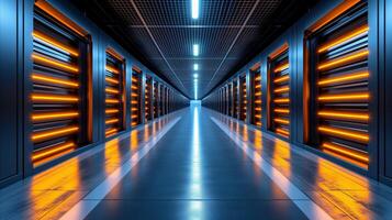 AI generated Modern data center corridor with orange illuminated server racks photo