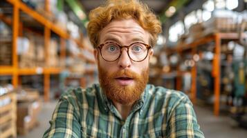 AI generated Surprised redhead man in glasses at warehouse close-up photo