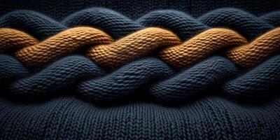 AI generated Close-up of braided blue and mustard yellow knitted wool textures photo