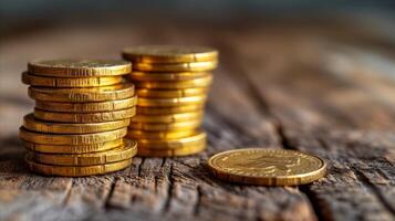 AI generated Stacks of gold coins on rustic wooden background representing wealth and investment concepts photo