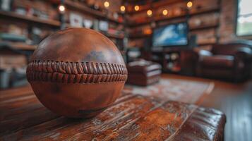 AI generated Baseball on Wooden Table photo