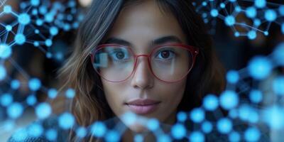 AI generated Young woman with glasses looking through network of connections photo