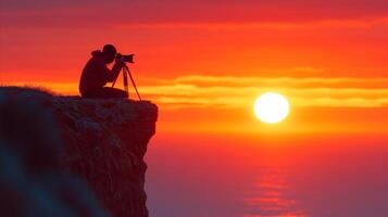 ai generado persona capturar puesta de sol terminado Oceano foto