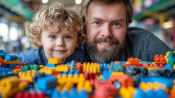 ai generado contento padre y niño jugando con vistoso edificio bloques adentro foto