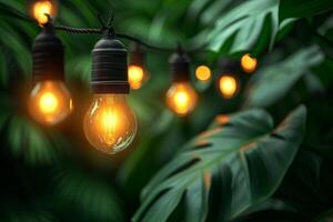 ai generado ligero bombillas colgando desde árbol, creativo al aire libre Encendiendo idea foto