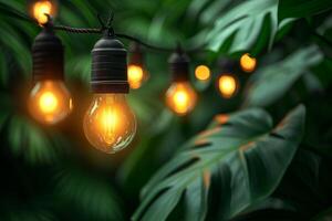 AI generated Light Bulbs Hanging From Tree, Creative Outdoor Lighting Idea photo