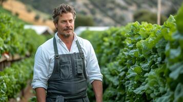 AI generated Confident male farmer standing proudly in organic vineyard photo