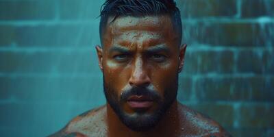 AI generated Intense male athlete resting with sweat on face against brick wall photo