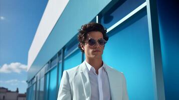 AI generated Man in White Suit and Sunglasses Standing in Front of Building photo