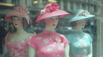 ai generado elegante Clásico maniquíes mostrando retro Moda y sombreros en un Tienda ventana foto