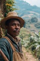 ai generado hombre con Paja sombrero y caña foto