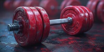 AI generated Red gym dumbbells on black textured surface, workout equipment photo