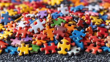 AI generated Colorful jigsaw puzzle pieces scattered on a dark surface photo