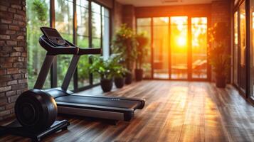 AI generated Modern sunny home gym with treadmill and plants by large windows photo