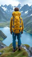 AI generated Man Standing on Mountain Summit With Backpack photo