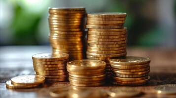 AI generated Stacks of golden coins on a wooden surface depicting financial growth photo