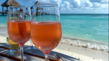 AI generated Romantic beach toast with rose wine, tropical getaway concept photo