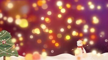 Snowman with a Christmas tree with multi-colored lights in the background, animation in 4K resolution video