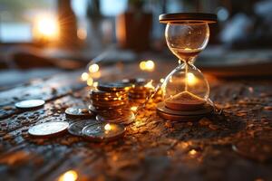 AI generated Hourglass and Coins on Table - Time and Wealth Symbolism photo