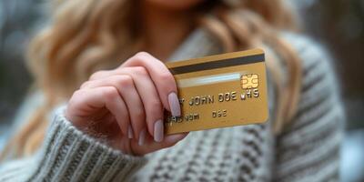 AI generated Close-up of hand holding a gold credit card in winter setting photo