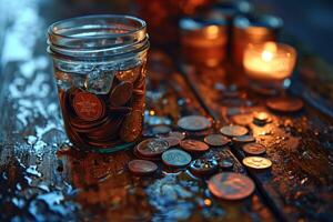 AI generated Jar Filled With Coins on Table photo