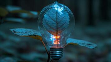 AI generated Innovative ecology concept with glowing light bulb and leaf photo