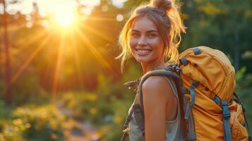 AI generated Happy female hiker enjoying sunlight in forest at sunset photo