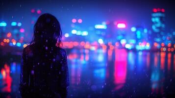 ai generado misterioso mujer en lluvia en contra vistoso ciudad luces a noche foto