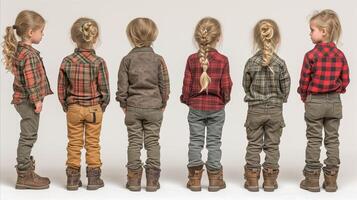 AI generated Children in plaid shirts and boots showing front and back views photo