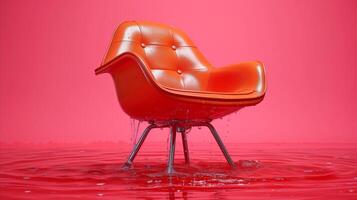 AI generated Modern orange chair submerged in water on pink background photo