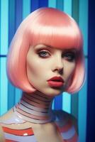 AI generated Mannequin With Pink Hair and Striped Dress photo