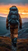 AI generated Man Walking Up Hill With Backpack photo