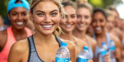 AI generated Diverse group of happy female runners holding water bottles after race photo